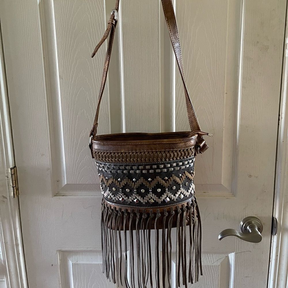 P &Gย western Brown faux leather crossbody bag stitch,tassels & studsโaccentsโ.